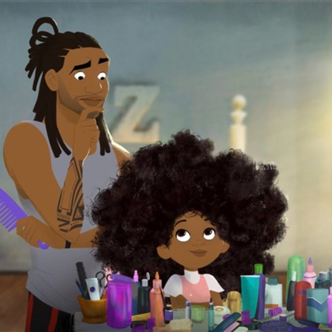 animated father doing his daughters hair